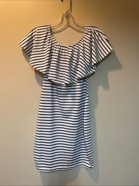 Striped Strapless or Off-Shoulder Flutter Dress in White and Black